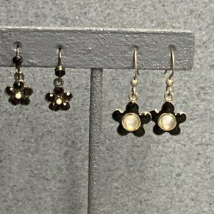 Dangle Pierced Earrings Lot Black Flower Rhinestone Enamel Silver Retro 80s